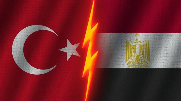 Egypt and Turkey Flags Together, Wavy Fabric Texture Effect, Neon Glow Effect, Shining Thunder Icon, Crisis Concept, 3D Illustration