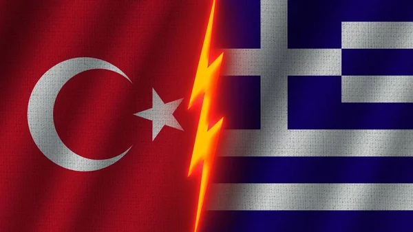 Greece and Turkey Flags Together, Wavy Fabric Texture Effect, Neon Glow Effect, Shining Thunder Icon, Crisis Concept, 3D Illustration