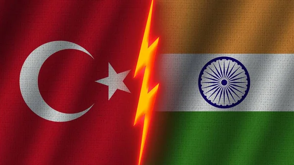 Hindistan Türkiye Bayrakları Birlikte Dalgalı Kumaş Doku Efekti Neon Parıltısı — Stok fotoğraf