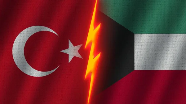Kuveyt Türkiye Bayrakları Birlikte Dalgalı Kumaş Doku Efekti Neon Parıltısı — Stok fotoğraf