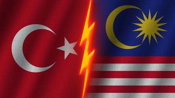 Malásia Turquia Bandeiras Juntas Efeito Textura Tecido Ondulado Efeito Brilho — Fotografia de Stock