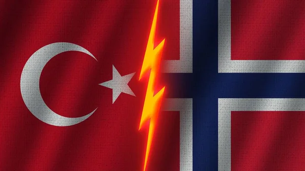 Norway Turkey Flags Together Wavy Fabric Texture Effect Neon Glow — Stock Photo, Image