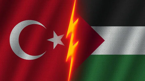 Filistin Türkiye Bayrakları Birlikte Dalgalı Kumaş Doku Efekti Neon Parıltısı — Stok fotoğraf