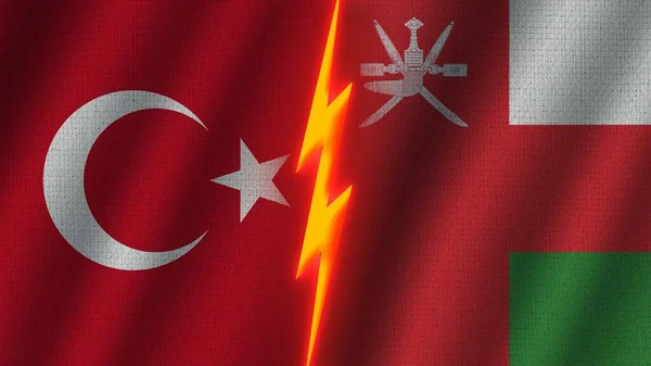 Umman Türkiye Bayrakları Birlikte Dalgalı Kumaş Doku Efekti Neon Parıltısı — Stok fotoğraf