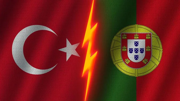 Portugal Och Turkiet Flaggor Tillsammans Vågigt Tyg Textur Effekt Neon — Stockfoto