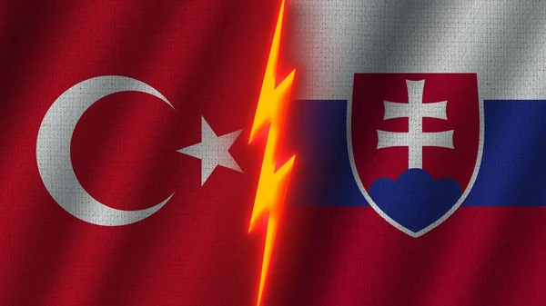Slovakia Turkey Flags Together Wavy Fabric Texture Effect Neon Glow — стокове фото