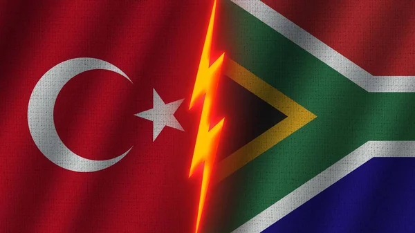 Güney Afrika Türkiye Bayrakları Birlikte Dalgalı Kumaş Doku Efekti Neon — Stok fotoğraf
