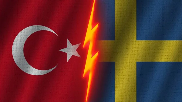 Швеция Турция Флаги Вместе Волнистый Эффект Текстуры Ткани Эффект Неонового — стоковое фото