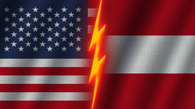 Avusturya ve Amerika Birleşik Devletleri Bayrakları, Dalgalı Kumaş Doku Efekti, Neon Parıltısı Efekti, Parlayan Şimşek Simgesi, Kriz Konsepti, 3D İllüstrasyon