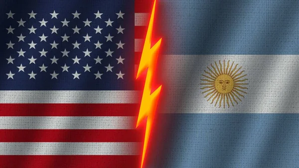 Argentina United States America Flags Together Wavy Fabric Texture Effect — стокове фото