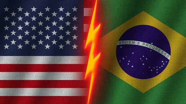 Brazil United States America Flags Together Wavy Fabric Texture Effect — 스톡 사진