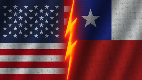 チリとアメリカの国旗一緒に 波織物テクスチャ効果 ネオングロー効果 輝く雷アイコン 危機概念 3Dイラスト — ストック写真