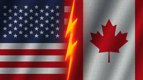 加拿大和美利坚合众国国旗在一起 波纹织物纹理效果 霓虹灯效果 闪光雷声图标 危机概念 3D插图 — 图库照片