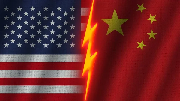 China United States America Flags Together Wavy Fabric Texture Effect — стокове фото