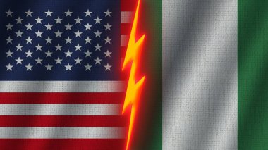 Nijerya ve Amerika Birleşik Devletleri Bayrakları, Dalgalı Kumaş Doku Efekti, Neon Parıltısı Efekti, Parlayan Şimşek Simgesi, Kriz Konsepti, 3D İllüstrasyon