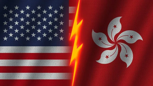 Hong Kong and United States of America Flags Together, Wavy Fabric Texture Effect, Neon Glow Effect, Shining Thunder Icon, Crisis Concept, 3D Illustration
