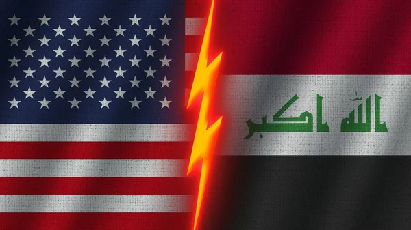 Irak Stany Zjednoczone Ameryki Flagi Razem Efekt Tekstury Tkaniny Falistej — Zdjęcie stockowe