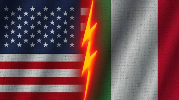 意大利和美利坚合众国国旗连在一起 波纹织物纹理效果 霓虹灯效果 闪光雷声图标 危机概念 3D图解 — 图库照片