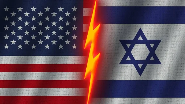 以色列和美利坚合众国国旗连在一起 波纹织物纹理效果 霓虹灯效果 闪光雷声图标 危机概念 3D图解 — 图库照片