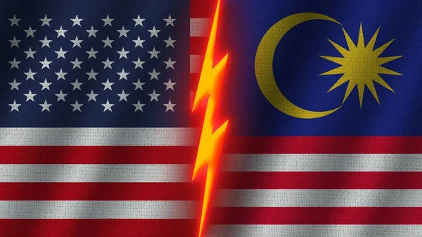 Malaysia Och Usa Flaggor Tillsammans Vågig Tyg Textur Effekt Neon — Stockfoto