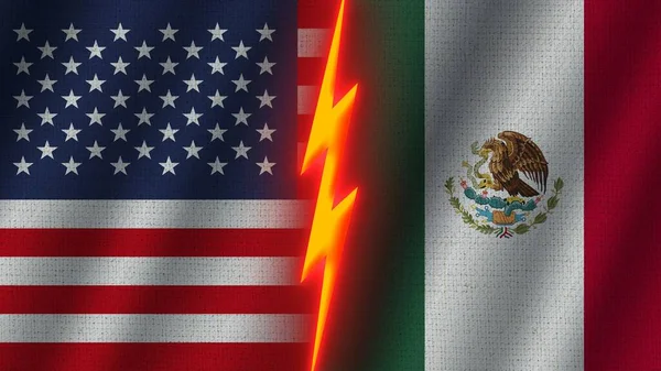 Meksika ve Amerika Birleşik Devletleri Bayrakları, Dalgalı Kumaş Doku Efekti, Neon Parıltısı Efekti, Parlayan Şimşek Simgesi, Kriz Konsepti, 3D İllüstrasyon