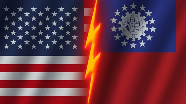 Myanmar Burma and United States of America Flags Together, Wavy Fabric Texture Effect, Neon Glow Effect, Shining Thunder Icon, Crisis Concept, 3D Illustration