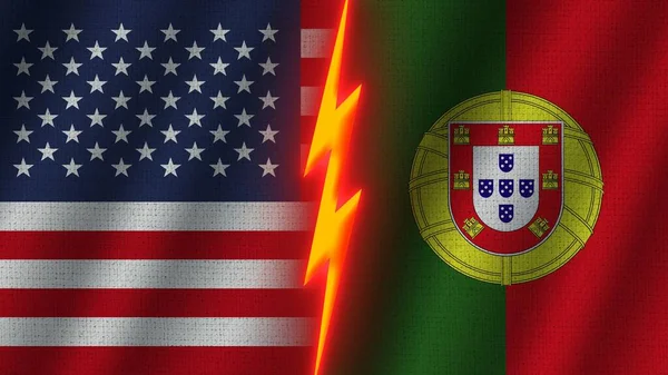 Portugal Estados Unidos América Banderas Juntas Efecto Textura Tela Ondulada — Foto de Stock