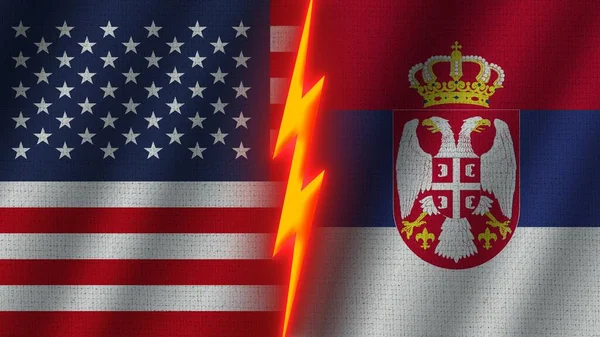 Sérvia Estados Unidos América Bandeiras Juntas Efeito Textura Tecido Ondulado — Fotografia de Stock