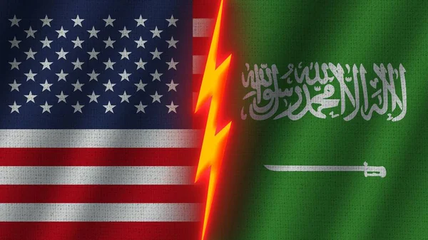 Arabia Saudita Stati Uniti America Bandiere Insieme Tessuto Ondulato Effetto — Foto Stock