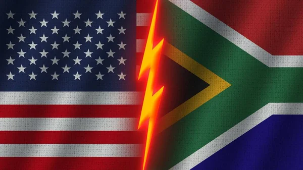 Sydafrika Och Usa Flaggor Tillsammans Vågig Tyg Textur Effekt Neon — Stockfoto