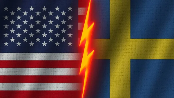 スウェーデンとアメリカの国旗一緒に 波織物テクスチャ効果 ネオングロー効果 輝く雷アイコン 危機概念 3Dイラスト — ストック写真