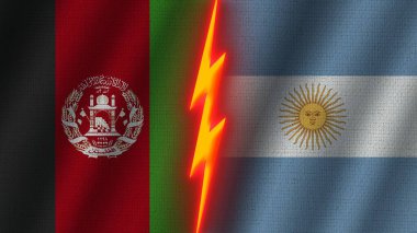 Arjantin ve Afganistan Bayrakları Birlikte, Dalgalı Kumaş Doku Efekti, Neon Parıltısı Efekti, Parlayan Şimşek Simgesi, Kriz Konsepti, 3D İllüstrasyon