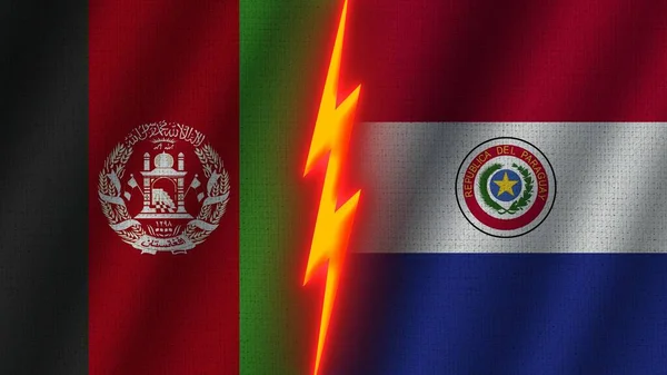 Paraguay Afghanistan Flags Together Wavy Fabric Texture Effect Neon Glow — Stock fotografie