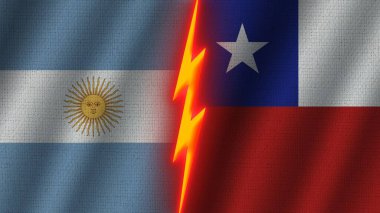 Şili ve Arjantin Bayrakları Birlikte, Dalgalı Kumaş Doku Efekti, Neon Parıltısı Efekti, Parlayan Şimşek Simgesi, Kriz Konsepti, 3D İllüstrasyon
