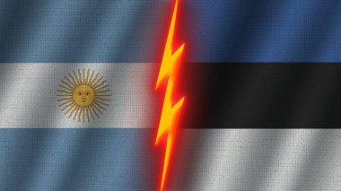 Estonya ve Arjantin Bayrakları Birlikte, Dalgalı Kumaş Doku Efekti, Neon Parıltısı Efekti, Parlayan Şimşek Simgesi, Kriz Konsepti, 3D İllüstrasyon