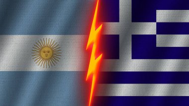 Yunanistan ve Arjantin Bayrakları Birlikte, Dalgalı Kumaş Doku Efekti, Neon Parıltısı Efekti, Parlayan Şimşek Simgesi, Kriz Konsepti, 3D İllüstrasyon