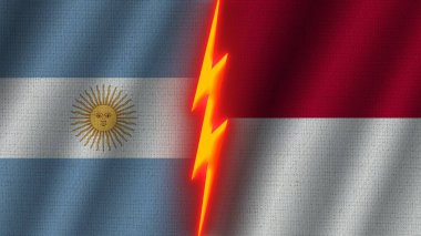 Endonezya ve Arjantin Bayrakları Birlikte, Dalgalı Kumaş Doku Efekti, Neon Parıltısı Efekti, Parlayan Şimşek Simgesi, Kriz Konsepti, 3D İllüstrasyon