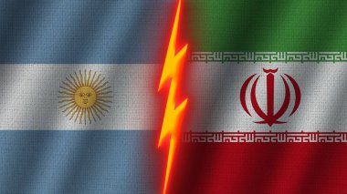 İran ve Arjantin Bayrakları Birlikte, Dalgalı Kumaş Doku Efekti, Neon Parıltısı Efekti, Parlayan Şimşek Simgesi, Kriz Konsepti, 3D İllüstrasyon
