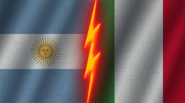 İtalya ve Arjantin Bayrakları Birlikte, Dalgalı Kumaş Doku Efekti, Neon Parıltısı Efekti, Parlayan Şimşek Simgesi, Kriz Konsepti, 3D İllüstrasyon