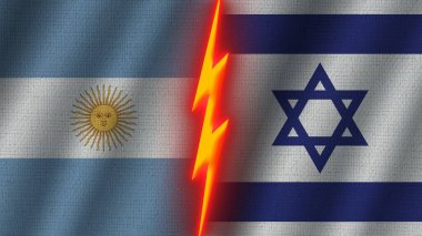 İsrail ve Arjantin Bayrakları Birlikte, Dalgalı Kumaş Doku Efekti, Neon Parıltısı Efekti, Parlayan Şimşek Simgesi, Kriz Konsepti, 3D İllüstrasyon