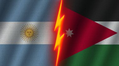 Ürdün ve Arjantin Bayrakları Birlikte, Dalgalı Kumaş Doku Efekti, Neon Parıltısı Efekti, Parlayan Şimşek Simgesi, Kriz Konsepti, 3D İllüstrasyon