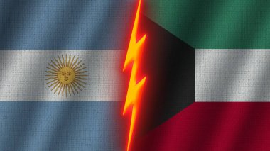Kuveyt ve Arjantin Bayrakları Birlikte, Dalgalı Kumaş Doku Efekti, Neon Parıltısı Efekti, Parlayan Şimşek Simgesi, Kriz Konsepti, 3D İllüstrasyon