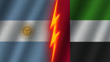 Birleşik Arap Emirlikleri ve Arjantin Bayrakları Birlikte, Dalgalı Kumaş Doku Efekti, Neon Parıltısı Efekti, Parlayan Şimşek Simgesi, Kriz Kavramı, 3D İllüstrasyon