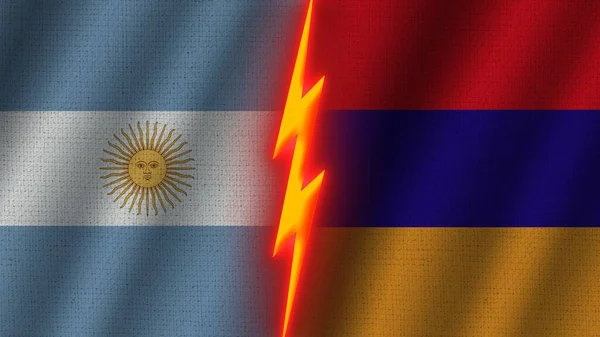 Armenia Argentina Bandiere Insieme Tessuto Ondulato Texture Effetto Neon Glow — Foto Stock