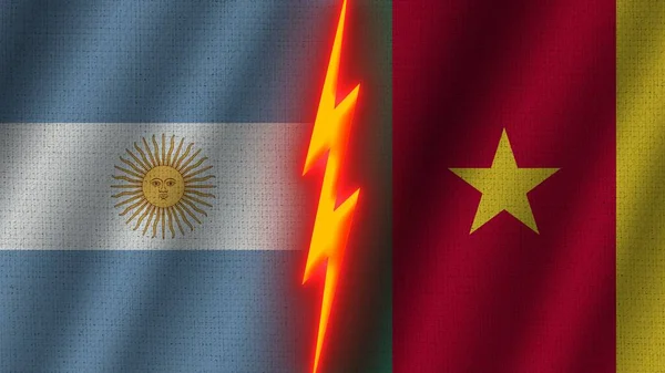 Camerun Argentina Bandiere Insieme Tessuto Ondulato Texture Effetto Neon Glow — Foto Stock