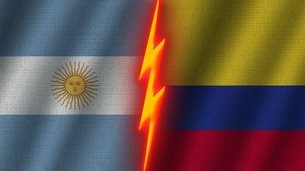 Κολομβία Και Αργεντινή Σημαίες Μαζί Κυματιστό Φαινόμενο Ύφασμα Φαινόμενο Νέον — Φωτογραφία Αρχείου