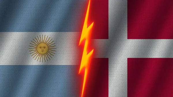 デンマークとアルゼンチンの国旗一緒に 波織物テクスチャ効果 ネオングロー効果 輝く雷アイコン 危機の概念 3Dイラスト — ストック写真