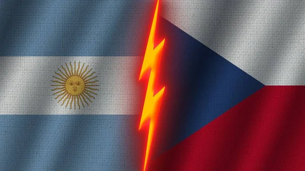 Czech Republic アルゼンチン国旗一緒に 波織物のテクスチャ効果 ネオングロー効果 輝く雷のアイコン 危機の概念 3Dイラスト — ストック写真