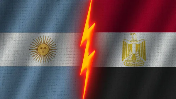 エジプトとアルゼンチンの国旗一緒に 波織物テクスチャ効果 ネオングロー効果 輝く雷アイコン 危機の概念 3Dイラスト — ストック写真