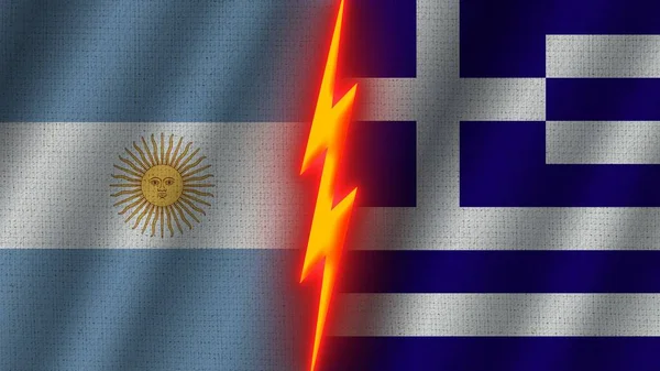 Greece Argentina Flags Together Wavy Fabric Texture Effect Neon Glow — Stock Photo, Image